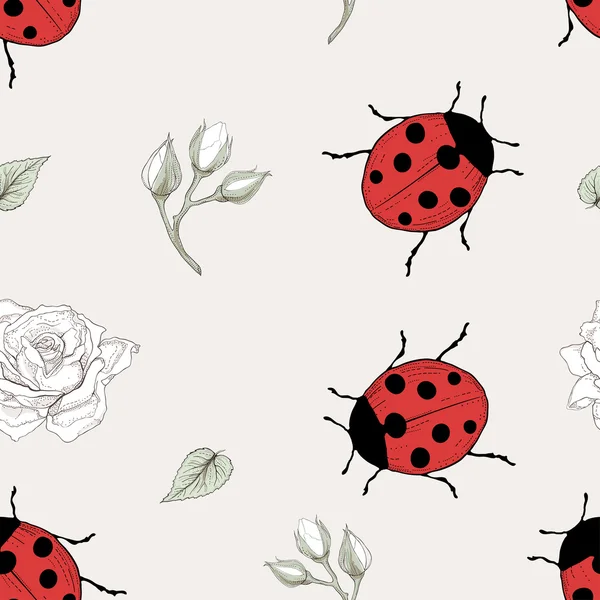 Ladybug and rose seamless pattern — Stock Vector