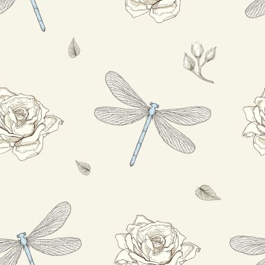 dragonfly and rose seamless pattern clipart