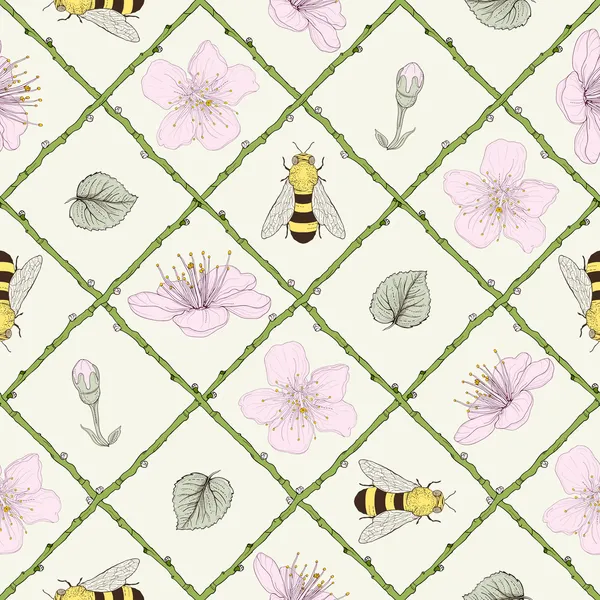 Abejas y flores patrón sin costura — Vector de stock