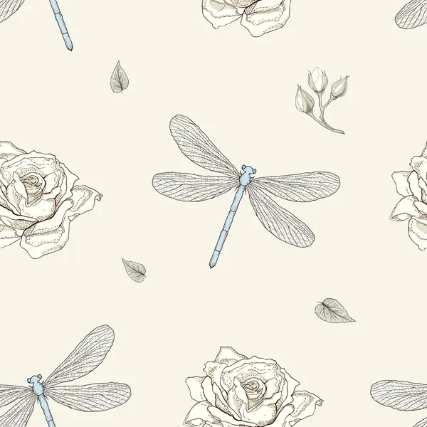 Dragonfly and rose seamless pattern — Stock Vector