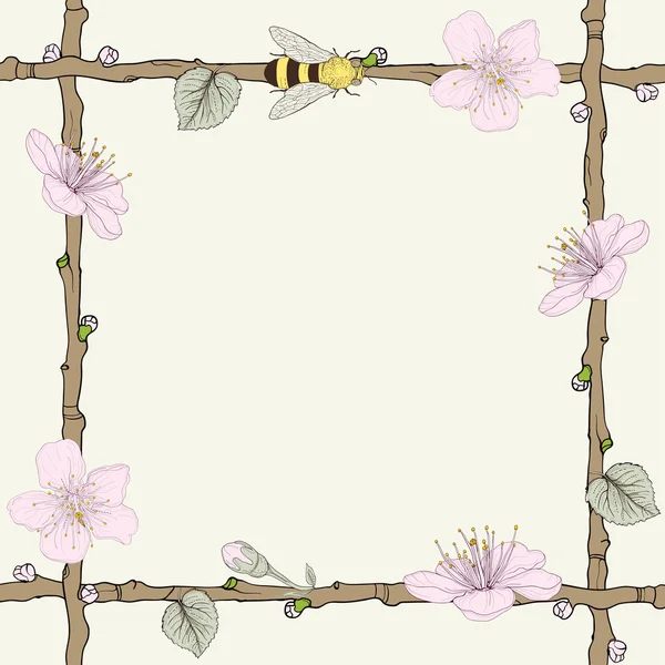 Twig frame met bloemen en de bijen — Stockvector