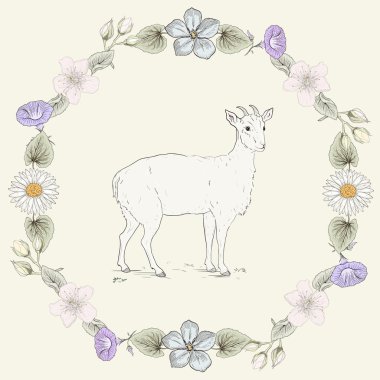 Floral frame and goat Vintage engraving style clipart