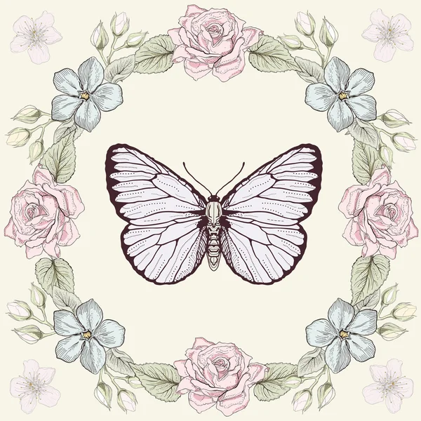 Moldura floral e estilo de gravura borboleta — Vetor de Stock