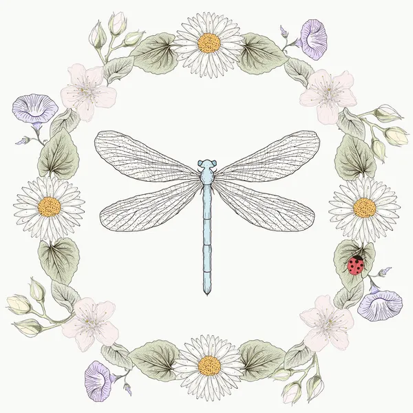 Cadre floral et style de gravure vintage libellule — Image vectorielle
