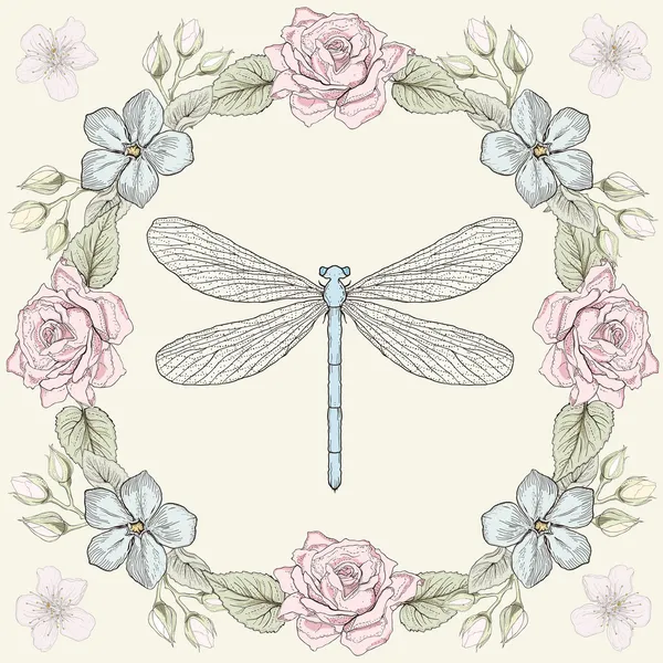 Floral πλαίσιο και dragonfly Χαρακτική στυλ — Διανυσματικό Αρχείο