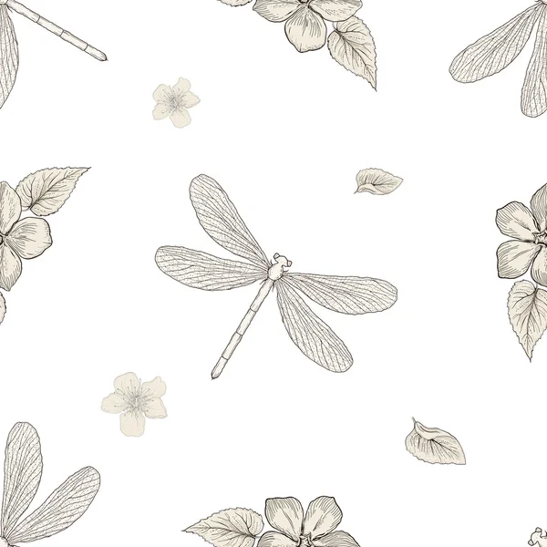 Flores y libélulas patrón sin costura — Vector de stock