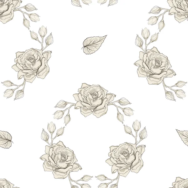 Roses wreath seamless pattern engraving style — Stock Vector