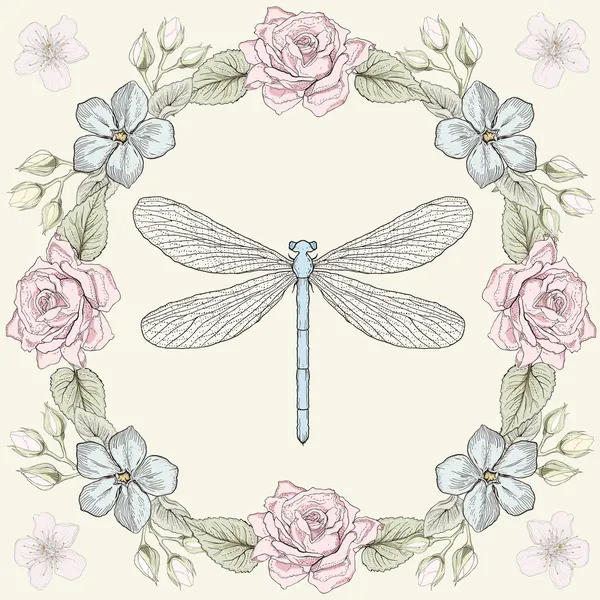 Floral frame and dragonfly engraving style — Stock Vector