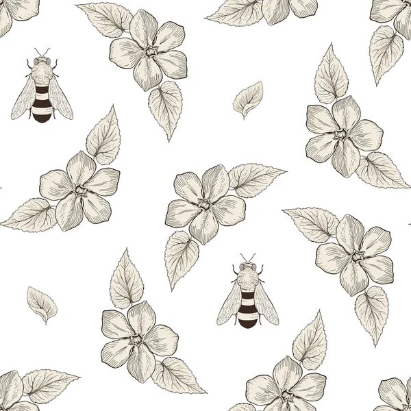 Flowers and bees seamless pattern vintage engraving style Stock Vector