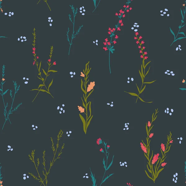 Flor floral patrón sin costura. Flores dibujadas a mano en ramas boceto dibujo sobre fondo de lunares azules — Vector de stock