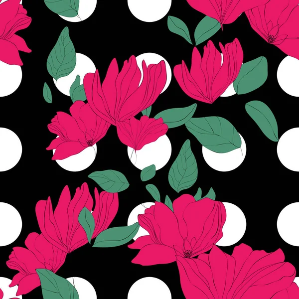 Kwitnący kwiatowy bezszwowy wzór. Ręcznie rysowane różowe kwiaty z rysunkiem liści na czarnym tle polka kropki — Wektor stockowy