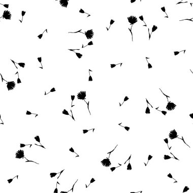 Tek renkli vektör dokusu. Siluetler çiçek açar. Çiçeksiz desenler. Beyaz arka planda el çizimi yabani çiçekler