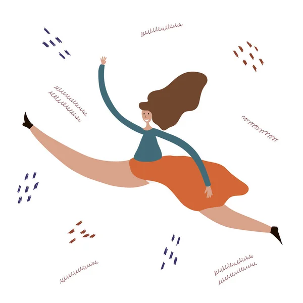 Körperpositives Mädchen in Zwirnposition oder tanzend, springend. Glückliche Frau im aktiven Lebensstil. Lächelnde Weibchen im Training — Stockvektor