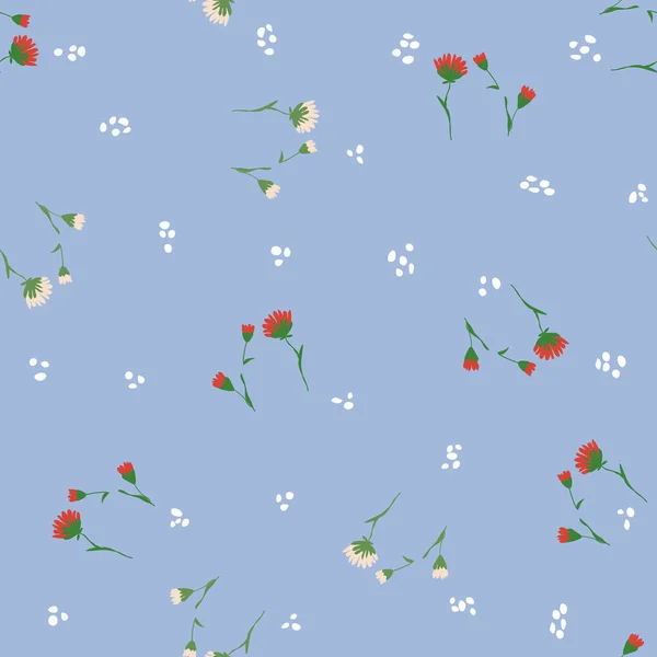 Flor floral patrón sin costura. Motivo botánico floreciente aleatoriamente disperso. Ilustración del vector de color en azul — Archivo Imágenes Vectoriales