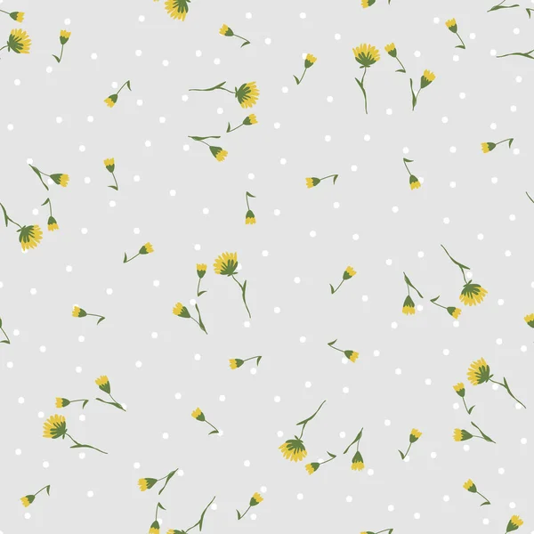 Flor floral patrón sin costura. Flores amarillas dibujadas a mano sobre ramas dibujo sobre fondo de lunares grises — Archivo Imágenes Vectoriales