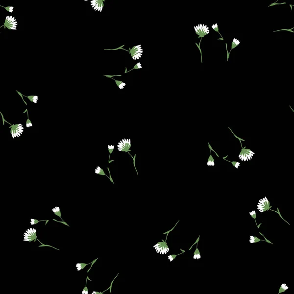 Patrón sin costura floral de flor. Doodle ramas abstractas dispersas al azar. THand dibujó pequeñas flores blancas en negro — Archivo Imágenes Vectoriales