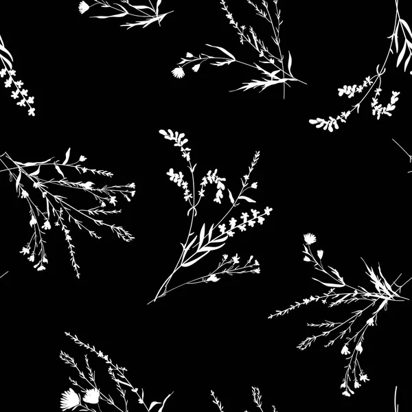 モノクロームベクトルテクスチャ。シルエットは花のシームレスなパターンを咲かせます。黒い背景に手描きの野生の花 — ストックベクタ