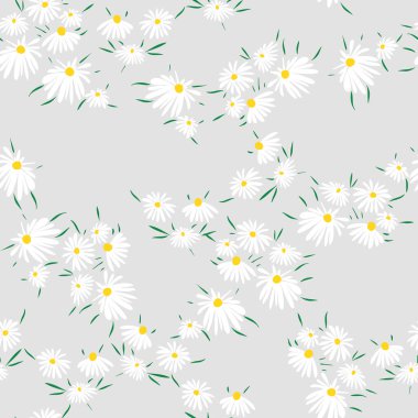Papatyayla çiçek desenli, pürüzsüz desen. Botanik motifleri rastgele dağılmış. Gri arkaplanda el çizimi çiçek