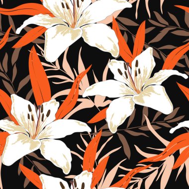 Blossom floral seamless pattern. Lily flowers with branches and leaves scattered random. Trendy abstract vector texture. Good for fashion prints, fabric, design. Hand drawn flowers on black background