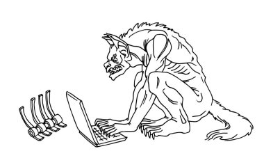 Bir kurt adam internette bir kurban arıyor, siber suç kavramı, çizim çizgileri siyah mürekkeple çizilmiş vektör çizimi karikatür ve el çizimi tarzında beyaz bir arkaplanda izole edilmiş.