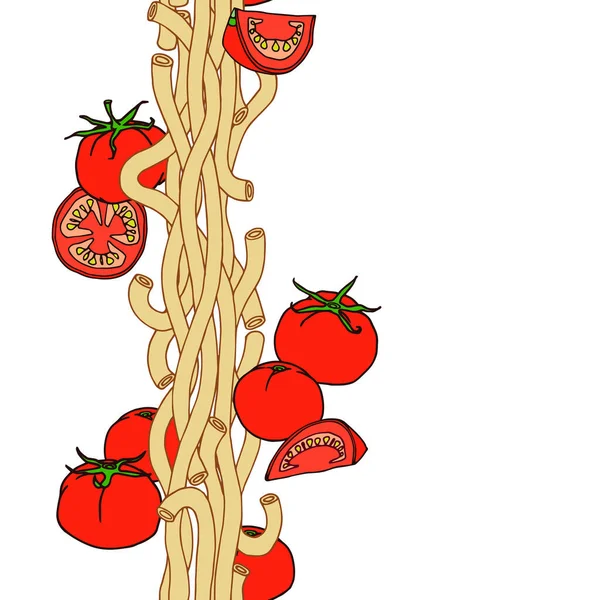 トマトとスパゲティの垂直シームレスなパターン フレームや境界のための メニューのデザイン 手描きのスタイルで白い背景に孤立輪郭線と色ベクトルイラスト — ストックベクタ