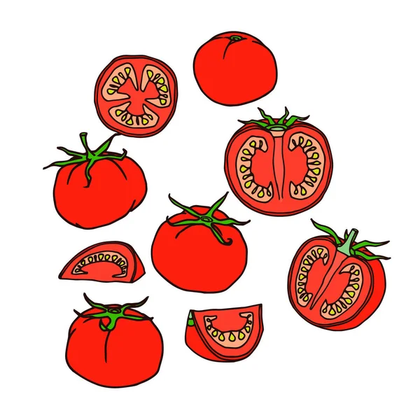 Conjunto Tomates Rojos Elementos Diseño Decoración Menú Ilustración Vectores Color — Vector de stock