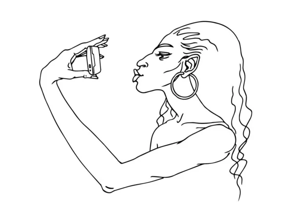 Akıllı Telefonlu Şirin Bir Çingene Kız Selfie Çekiyor Hava Öpücüğü — Stok Vektör