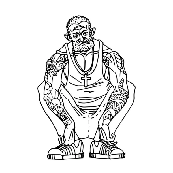 Лідер Банди Злочинець Лисий Хлопець Татуюванням Присідаючи Небезпечний Персонаж Векторні — стоковий вектор
