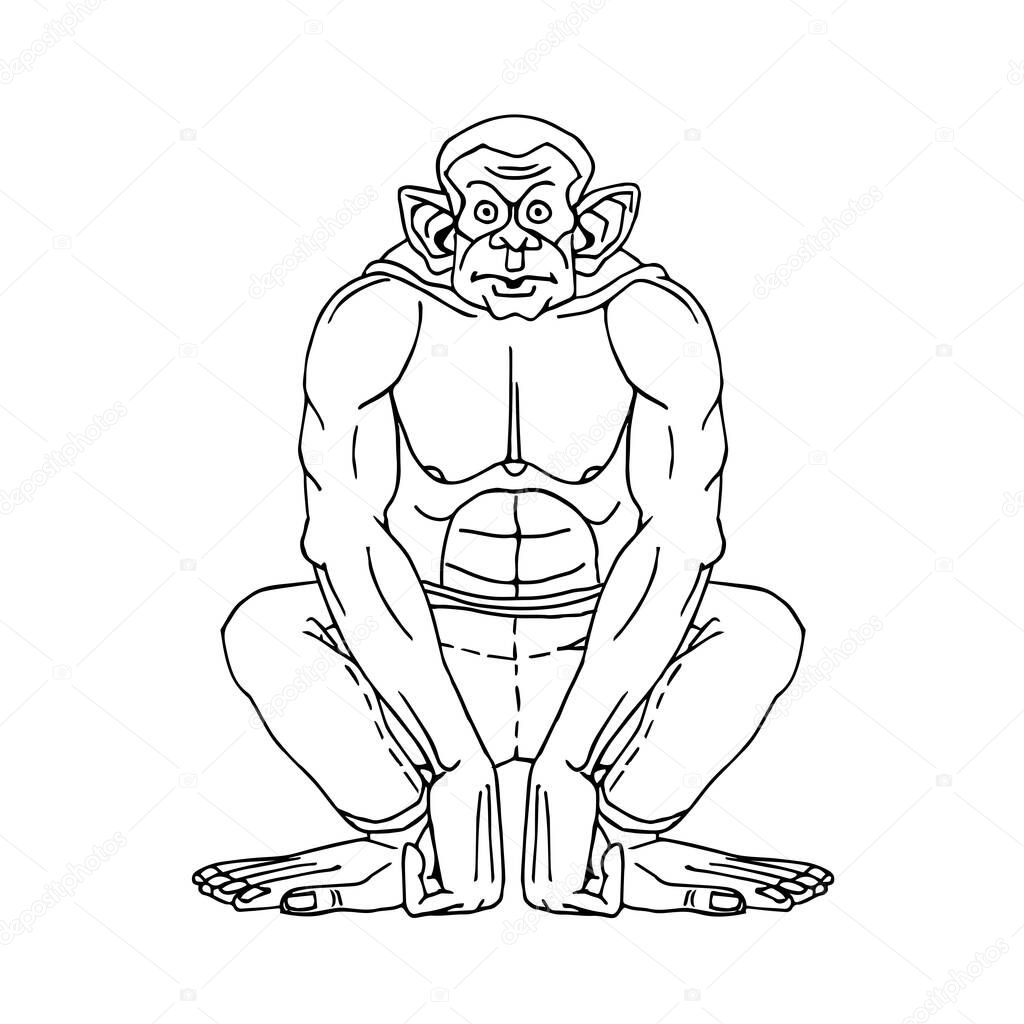 Chimpanzee in jeans, squatting. A funny character. Vector illustration with black contour lines isolated on a white background in cartoon and hand-drawn style.