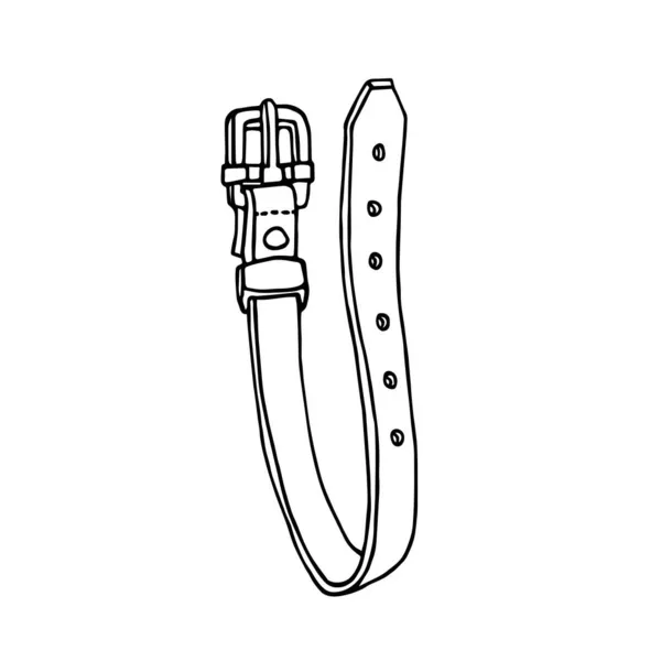 メタルバックル付きのシンプルな革ベルト 手描きスタイルで白の背景に隔離された黒いインクの輪郭線とベクトルイラスト — ストックベクタ