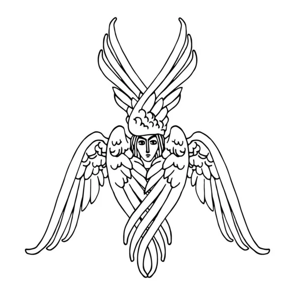 Ortodoks altı kanatlı Seraph, cennetin habercisi, Noel ve paskalya kartları için, posterler, siyah mürekkep çizgileri olan vektör çizgileri el çizimi tarzında beyaz bir arka planda izole edilmiş.