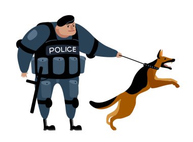 Polis köpeği saldırısı. Polis kızgın çobanın tasmasını tutuyor. Uyuşturucu teftişi. Çizgi film ve düz tasarımda beyaz bir arkaplanda izole edilmiş renk vektörü çizimi.