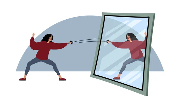 Eine Junge Frau Fechtet Mit Ihrem Spiegelbild Spiegel Ein Duell — Stockvektor