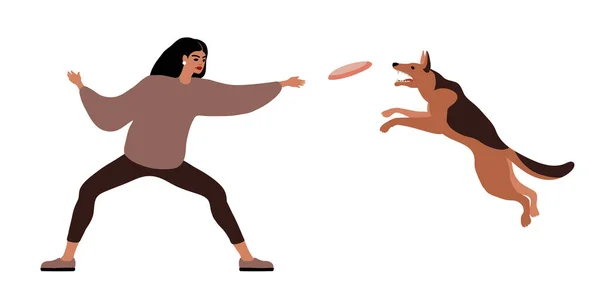 Genç ve güzel bir kız çoban köpeğiyle frizbi oynuyor. Sahibi evcil hayvanını eğitiyor. Eğlenceli bir oyun. Çizgi film ve düz tasarımda beyaz bir arkaplanda izole edilmiş renk vektörü çizimi.
