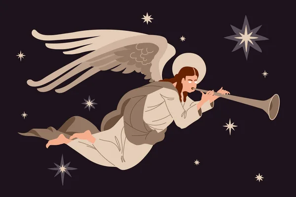 Ein Fliegender Geflügelter Engel Mit Einer Trompete Und Einem Stern — Stockvektor