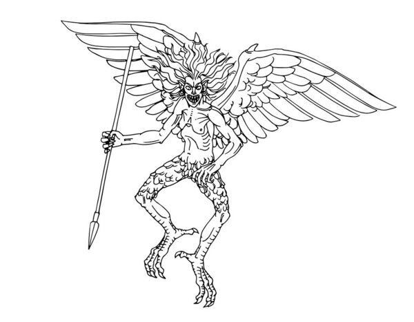 An evil ugly harpy with a javelin flies on wings. A Greek mythical character. Vector illustration with contour lines in black ink isolated on a white background in a cartoon and hand-drawn style.