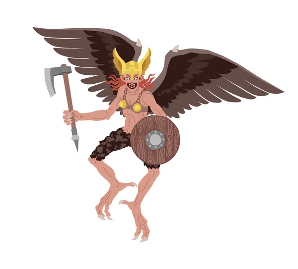 戴着金色头盔的金雀花带着翅膀飞翔 一个女战士斯堪的纳维亚神话人物 在漫画和平面设计的白色背景上孤立的彩色矢量图形 — 图库矢量图片