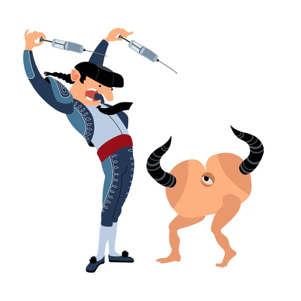 注射器と角のあるお尻 スペインの闘牛キャラクターを持つ勇敢なバンデライロ 予防接種の概念 漫画やフラットデザインの白い背景に隔離されたカラーベクトルイラスト — ストックベクタ