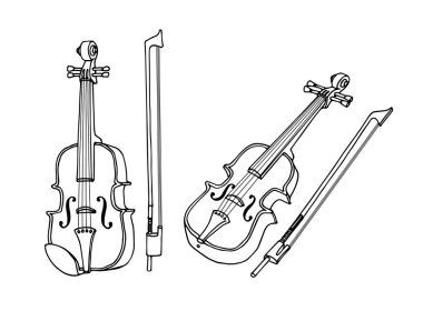 Fiyonklu keman. El çizimi tarzında beyaz bir arkaplanda siyah mürekkeple izole edilmiş kontur çizgileriyle vektör illüstrasyonu.