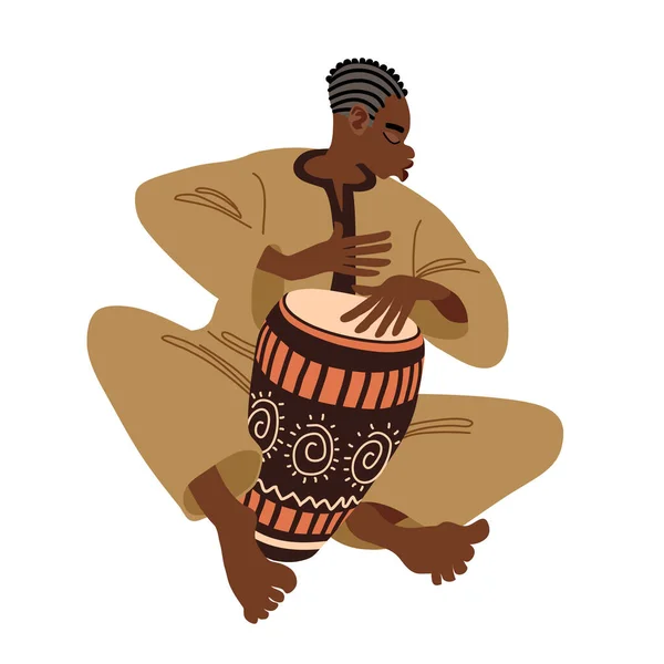 Genç bir sokak müzisyeni, Afrika desenli bir konga davuluyla ritmik bir melodi çalar. Çizgi film ve düz tasarımda beyaz bir arkaplanda izole edilmiş renk vektörü çizimi.
