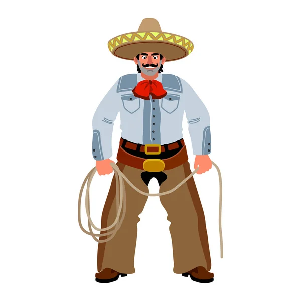 Uśmiechnięty Meksykański Kowboj Sombrero Lasso Uczestniczka Rodeo Zabawna Postać Ilustracja — Wektor stockowy
