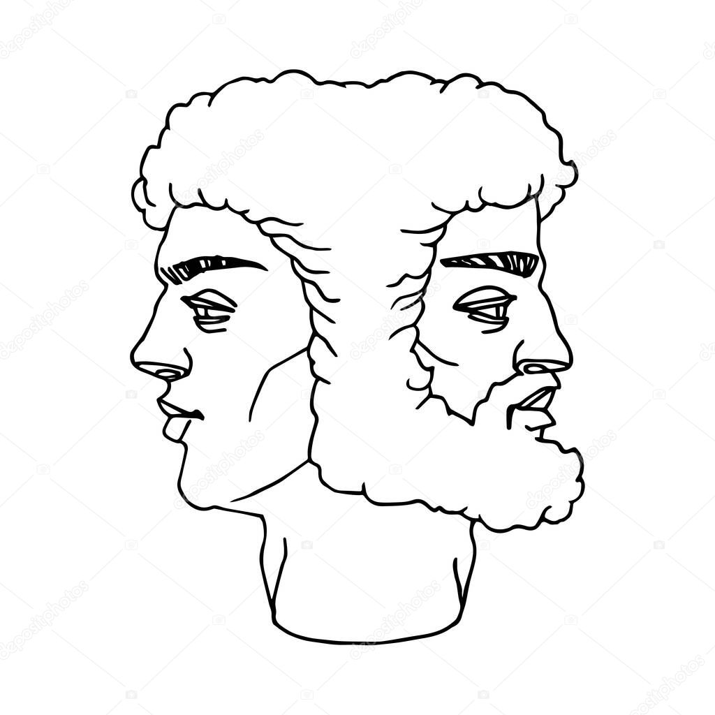 The head of the two-faced god Janus. An ancient Greek mythological character. Vector illustration with contour lines in black ink isolated on a white background in cartoon and hand drawn style.