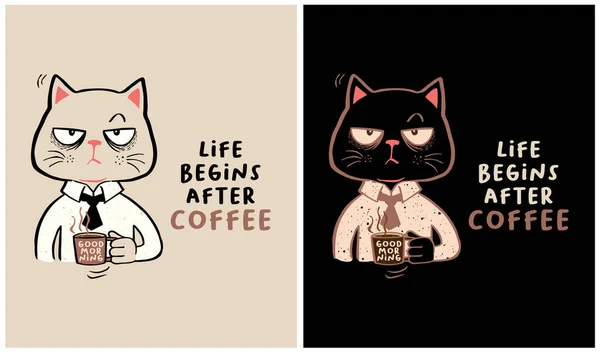 Life Begins Coffee Cat Coffee — Archivo Imágenes Vectoriales
