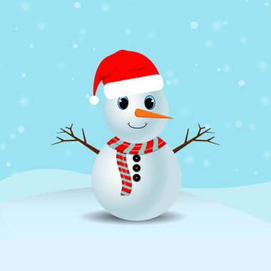 Kırmızı eşarplı Noel Kardan Adam. Arka planda kar yağıyor. Güzel gözleri ve Noel Baba şapkası olan bir kardan adam..