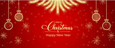 Topları ve çam dalları olan Noel sosyal medya afişi. Noel kırmızısı ve altın afiş unsuru. Kırmızı arka planda altın elementlerle Noel sosyal medya afişi. Xmas kartı, Xmas pankartı.