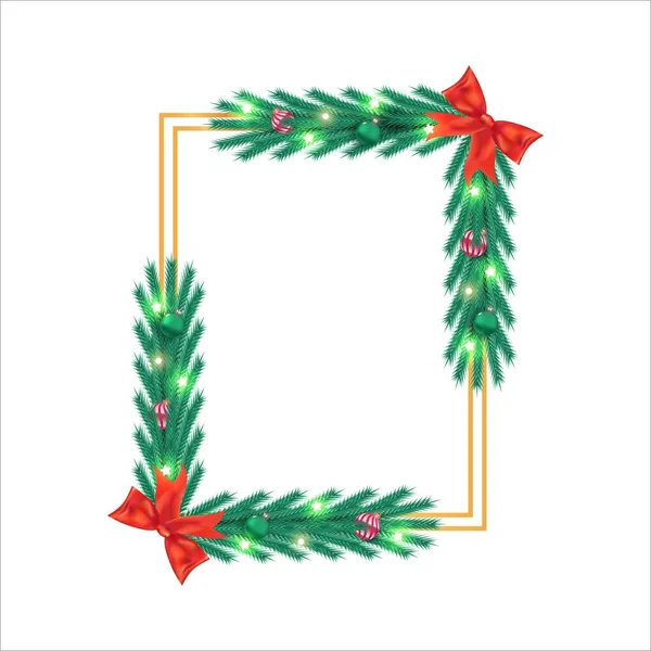 Різдвяна Рамка Червоними Зеленими Кулями Листя Сосни Різдвяна Рамка Червоною — стоковий вектор