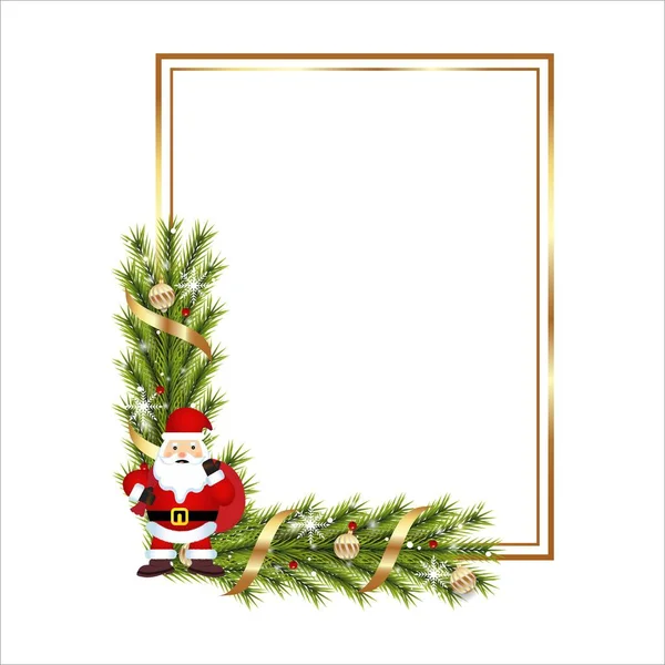 Noel gerçekçi çerçeveli Noel Baba çam yaprakları, kar taneleri, altın top. Kurdeleli Xmas altın çerçevesi. Kırmızı böğürtlen, ışık ve altın kurdeleli mutlu noel süslemeleri. Noel elementleri.