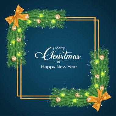 Gerçekçi çam yapraklı Noel sosyal medya afişi. Beyaz altın taşaklı Xmas pankartı. Altın kurdeleli Noel afişi, dekorasyon topları ve kar taneleri. Noel elementleri.