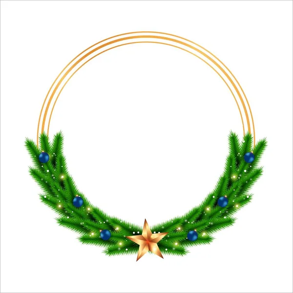 Weihnachtsrahmen Mit Blauer Dekorationskugel Und Sternenbeleuchtung Weihnachtsrahmen Mit Grünen Tannenzweigen — Stockvektor