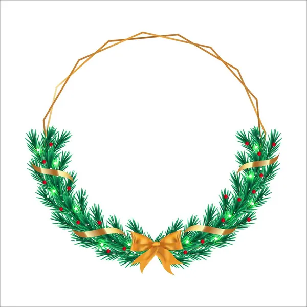 Xmas Frame Green Leaves Golden Ribbon Christmas Frame Red Berries — Stock Vector
